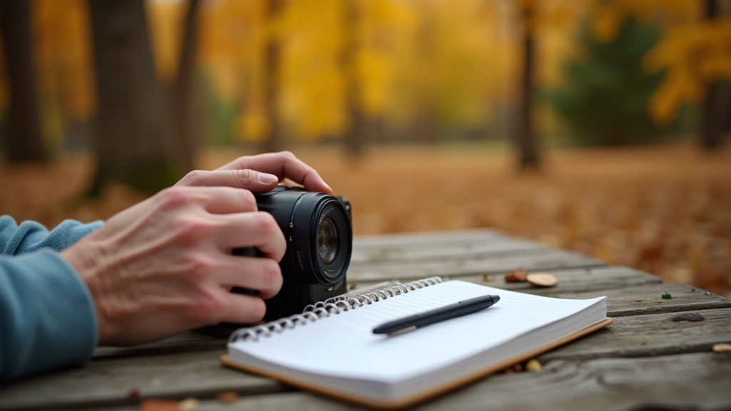 Vienkāršas kameras un notas uz koka galda, seniora rokas ar fotokamarai