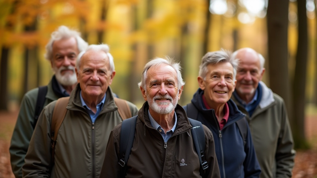 Seniori kopā fotogrāfijas pastaigā Gaujas nacionālajā parkā, smaidošas sejas, kopīgā mirkļa foto